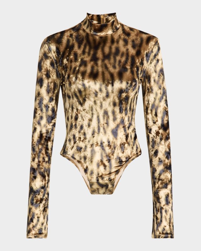 Leopard-Print Velvet Mock-Neck Bodysuit